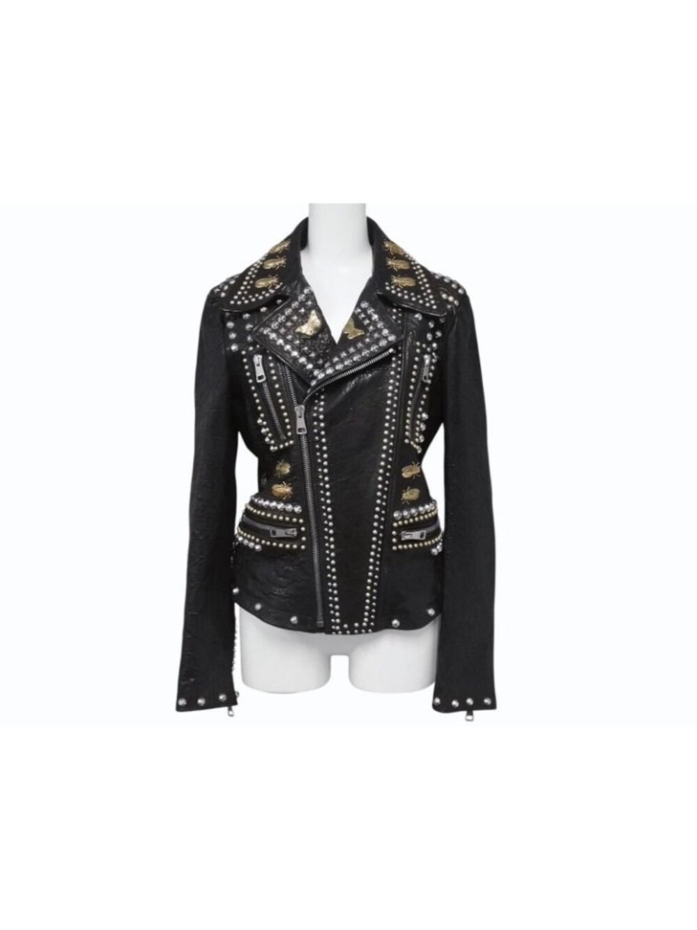Gucci Double Rider's Jacket Studs Embroidery Sheepskin Black